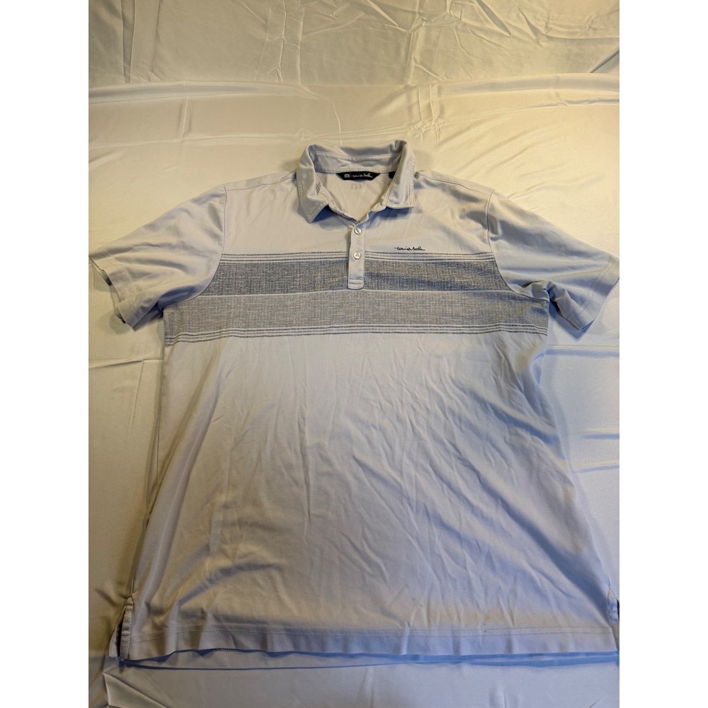 TravisMathew Mens XL Light Blue Grey Striped Short Sleeve Golf Polo Shirt
